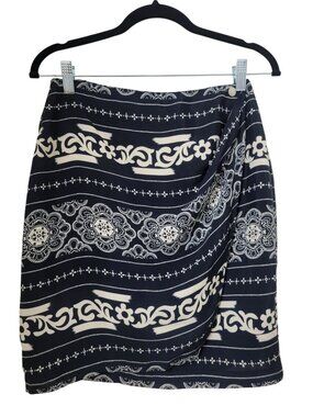 Vintage Abria Size 8 Deep Dark Navy Blue & Cream Bandana Pattern Wrap Skirt